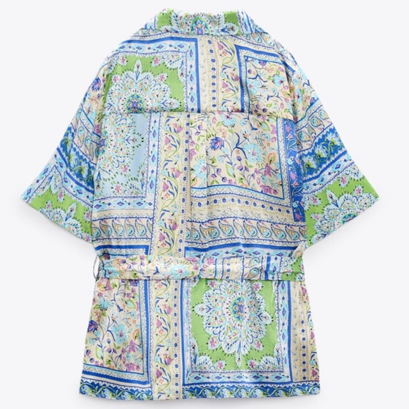 ZARA BOHEMIAN BELTED PRINT BLOUSE BLUE SIZE XS NWT - Picture 5 of 6